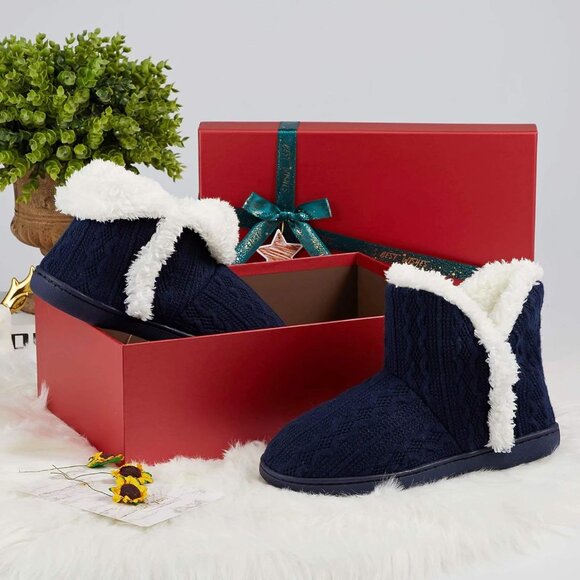 Women's Winter Warm Fluffy Fur Lined Plush Bootie Slippers Dark Blue White Shoes - Picture 7 of 7